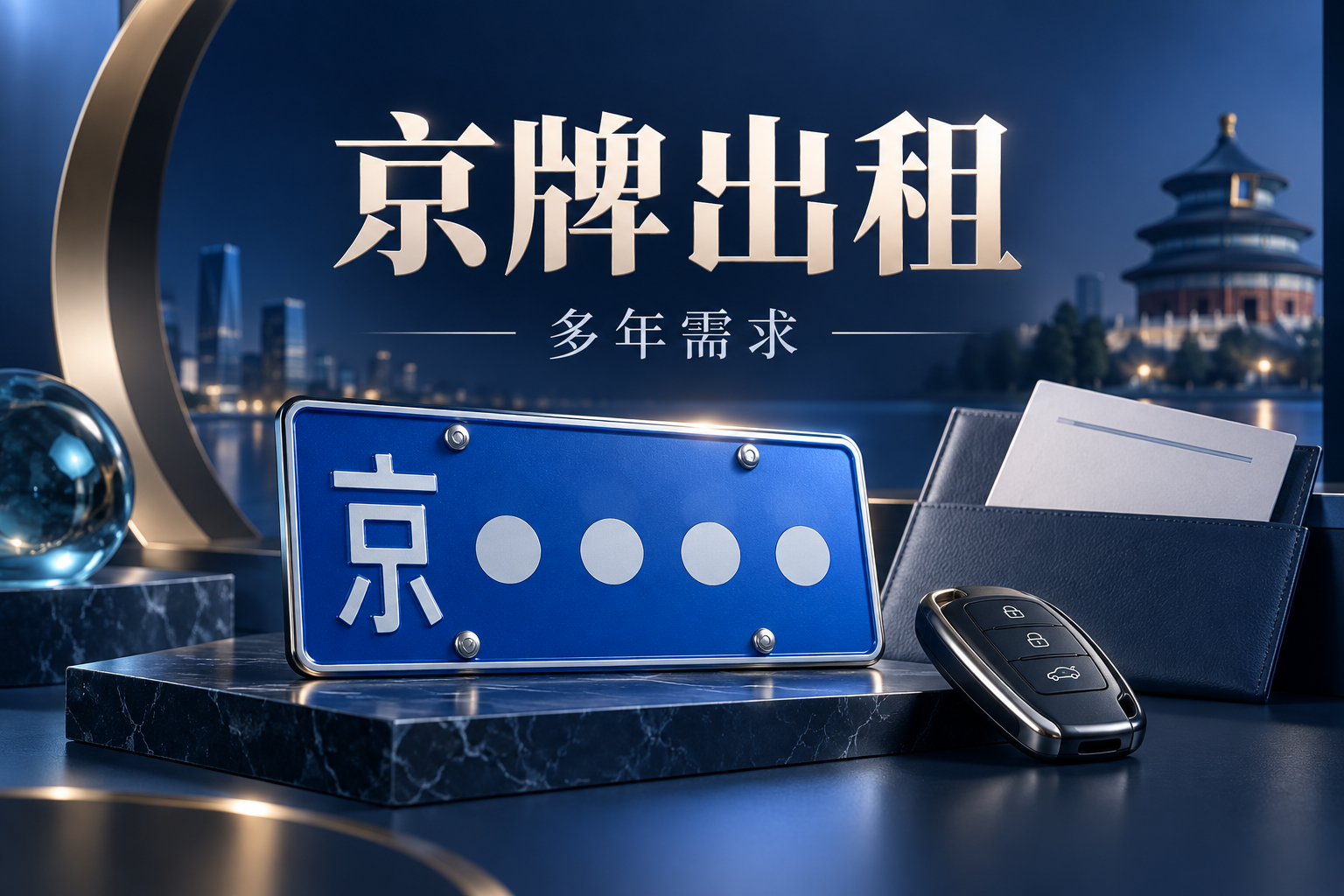 京牌出租主题示意:北京车牌、钥匙与资料文件